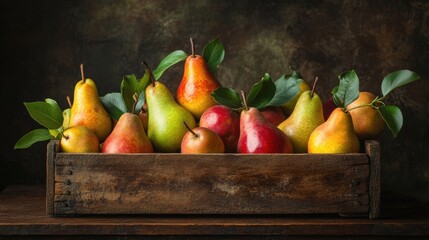 Wall Mural - Fresh pear fruit in wooden crate