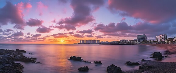 Scenic view of the sunset over the ocean with a cityscape on the horizon.