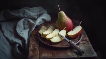 Wall Mural - Fresh pear fruit cut on cutting board with knife