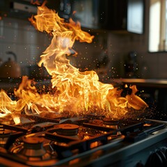 kitchen blaze engulfs gas stove as appliances and objects line up in the background. fire consumes b