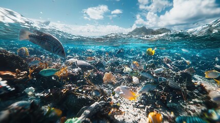 Vibrant underwater scene showcasing colorful fish and coral amidst clear blue waters, highlighting marine biodiversity