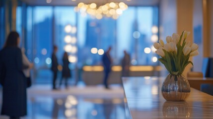 A close-up view of guests checking into a boutique hotel with a vase of flowers in the foreground.