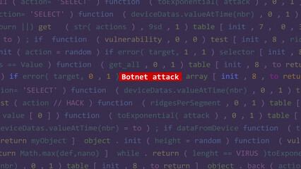 Cyber attack botnet attack text in foreground screen of code editor developer studio point of vue. Vulnerability text in binary system ascii. Text in English, English text