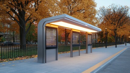 A futuristic bus stop with holographic schedules, AI-controlled buses, and solar-powered charging stations, sleek glass canopy design