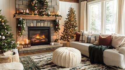 Cozy Christmas setting with soft textures warm lighting and rustic in a inviting living room interior  Perfect for creating a holiday atmosphere