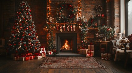 Festive Christmas decor featuring soft lighting garlands a classic Christmas tree and a cozy fireplace setting   perfect for family holiday portraits and capturing the warmth and joy of the season