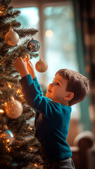 Wall Mural - Un simpático niño cuelga adornos en el árbol de Navidad, creando un ambiente de alegría y calidez en su hogar durante las fiestas navideñas. Sesión fotográfica comercial, fotografía de archivo