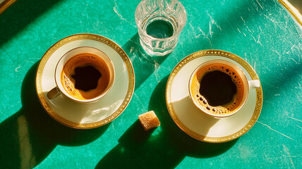 fotografía en primer plano de dos tazas y platillos con café, dispuestos sobre una mesa verde esmera