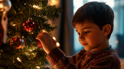 Wall Mural - Un simpático niño cuelga adornos en el árbol de Navidad, creando un ambiente de alegría y calidez en su hogar durante las fiestas navideñas. Sesión fotográfica comercial, fotografía de archivo