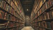 © Sandra - A dimly lit library hallway features towering shelves filled with worn books, conveying a sense of ancient wisdom