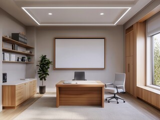 High-tech home office with an interactive digital whiteboard, voice-activated devices, and ergonomic smart furniture that adjusts for comfort