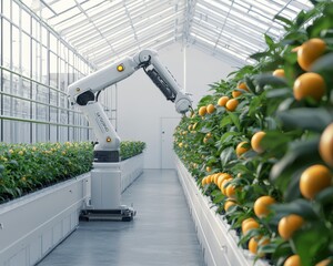 Robotic arms harvesting fruits in an advanced greenhouse, AI optimizing growth conditions, and real-time data displayed on large digital panels