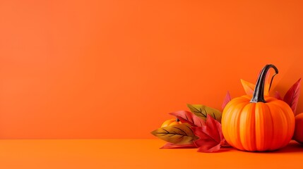 Sticker - Orange pumpkins and fall leaves on a bright orange background.