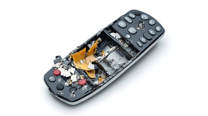 Closeup of a destroyed television remote control with missing buttons and battery cover isolated on a plain white background  The damaged device represents technological failure malfunction