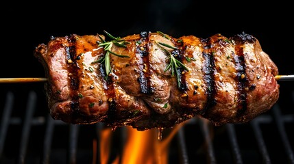 Closeup of a spit roasted skewered lamb turning slowly over a flickering fire the meat sizzling and browning as the juices drip down against a plain black background