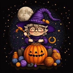 Canvas Print - A cheerful witch with a pumpkin, yarn, and the moon in a whimsical night setting, celebrating Halloween.