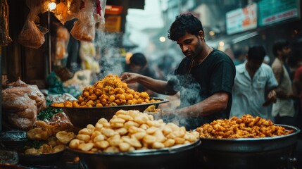 An Indian street food vendor preparing and serving chaat, pakoras, and fresh flatbreads in a crowded market setting