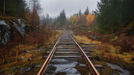 Wall Mural - Abandoned railroad tracks in a misty forest.