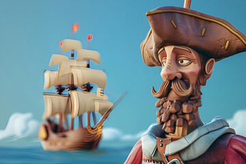 Animated Columbus Day captain and ship sailing on a calm sea under a clear blue sky