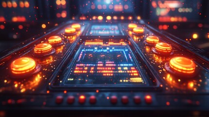 Futuristic control panel with glowing buttons and a digital display.