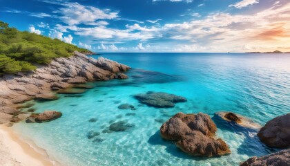 Wall Mural - Tropical beach sunset featuring a starfish on sandy shores viewed from above