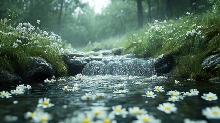 Sticker - Tranquil Forest Stream with Daisies - Nature Photography