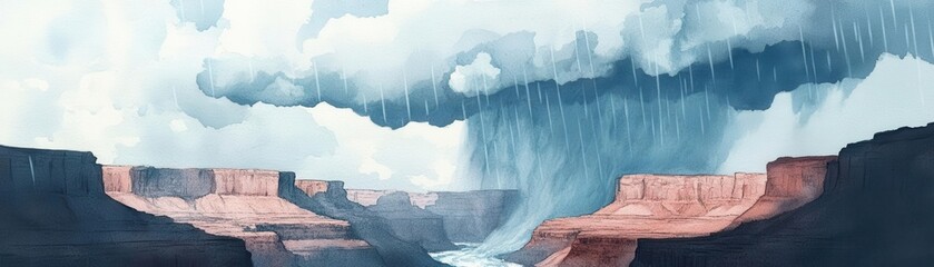 Torrential rain, flash flood sweeping through a narrow canyon, ominous clouds, Watercolor style