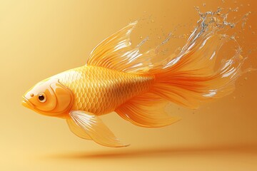 Sticker - A single, golden, realistic goldfish with fins and tail fin flowing like water, against a pale yellow background.