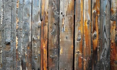 Wall Mural - Wooden wall with a brown and yellow color. The wood is old and has a lot of holes. hyperrealistic Video