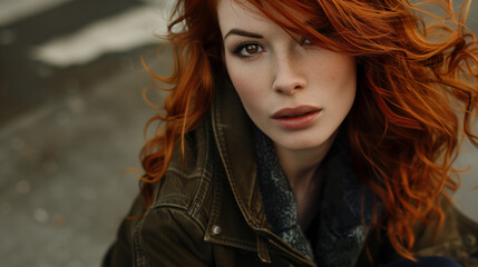 view from above fashion style portrait of a red-haired Caucasian woman