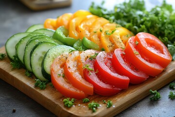 Wall Mural -  Freshly sliced cucumbers, tomatoes, and bell peppers arranged on wooden board, sprinkled with herbs, representing colorful, healthy eating options.