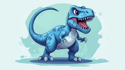 blue cartoon dinosaur with sharp teeth and claws roaring in front of an abstract background.