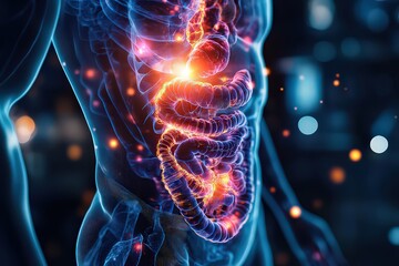  Digital rendering of the human digestive system with glowing intestines, emphasizing gastrointestinal health and medical study.