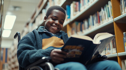 Happy smiling kid child - black boy -  on a wheelchair sitting in the library