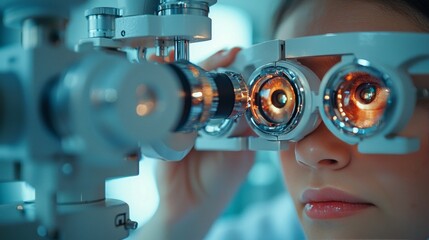 Closeup of a young woman undergoing an eye exam with optometric equipment