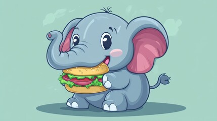 Wall Mural - Cute cartoon elephant holding a hamburger.