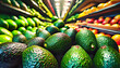 © Asad - Fresh avocados on display in a grocery store, vibrant colors, perfectly arranged, reflecting the fresh produce aisle's energy and activity, with shoppers browsing