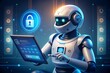 © Laymanzoom - Ai robot using tablet with password code on the digital touch screen keypad