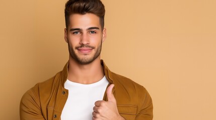 Poster - Handsome young man in brown shirt giving thumbs up on light background.