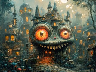 Canvas Print - Fantasy Village with Monster Creature