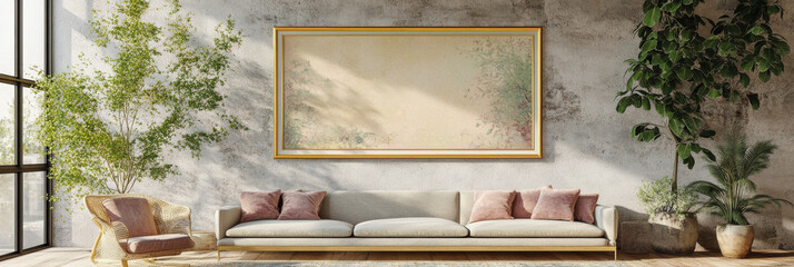 Canvas Print - A modern living room with a large sofa and a large painting on the wall.