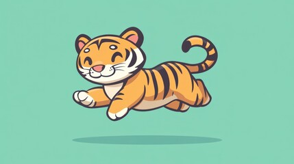 Wall Mural - A cute cartoon tiger leaping through the air with a bright smile and a light green background.