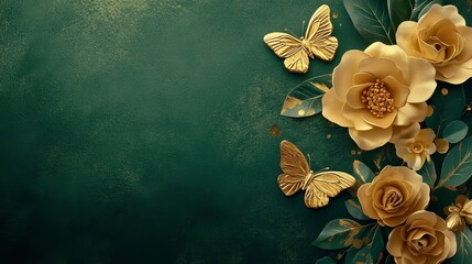 wall mural with green flowers and golden butterflies in abstract floral wallpaper for interior desig