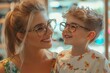 © neiros - In the optician shop, both mother and son are excited about the eyeglasses offered