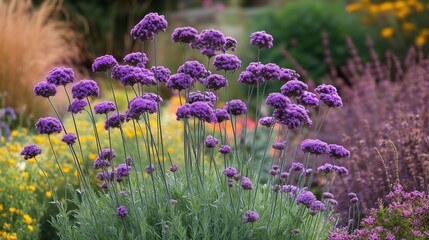 Wall Mural - Beautiful purple flowers bloom in a lush garden setting during bright daylight hours