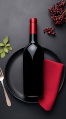 Wall Mural - A sophisticated table arrangement features a black plate, wooden cutlery, and a vibrant red napkin, creating a stylish and minimalist dining atmosphere