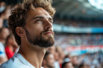 Man with glasses and a red hat is looking up. Another man with a red hat is standing behind him. white male polish fans watching tense game and cant believe that player score a goal