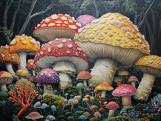 Canvas Print - Colorful Mushrooms in a Forest Setting - Nature Photography