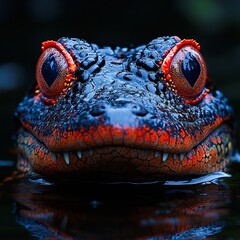 A close up of a red and black frog with big eyes in the water