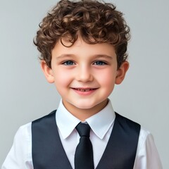 A photo of an attractive young boy with brown hair, blue eyes and wearing white shirt black tie and vest on isolated background. He is smiling at the camera and has short curly brown wavy hairstyle. 